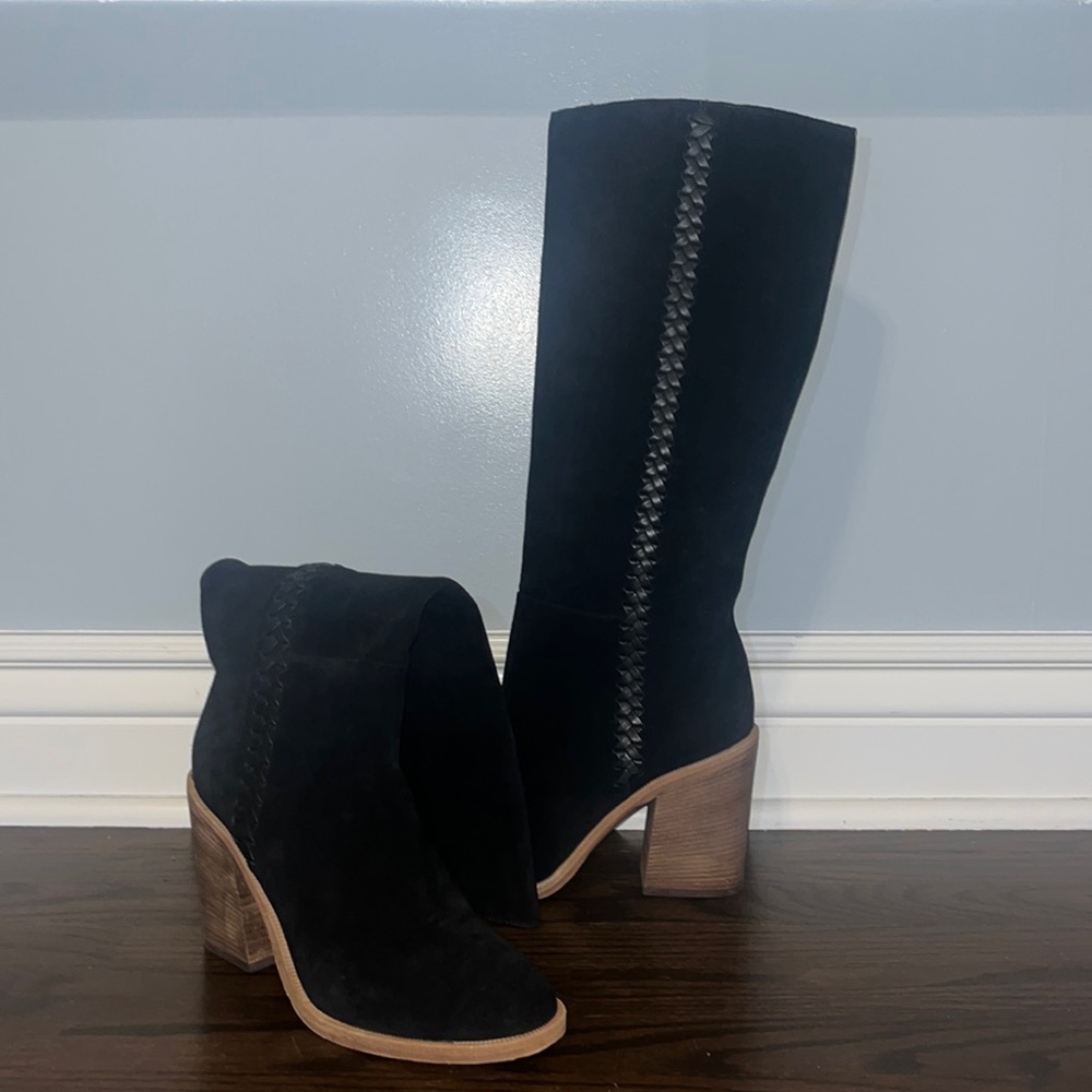Black knee high heeled UGG boots